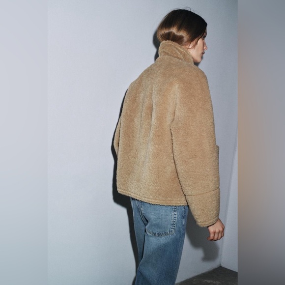 Zara nwt faux leather fur teddy brown beige tan zip up winter coat jacket - Picture 4 of 7